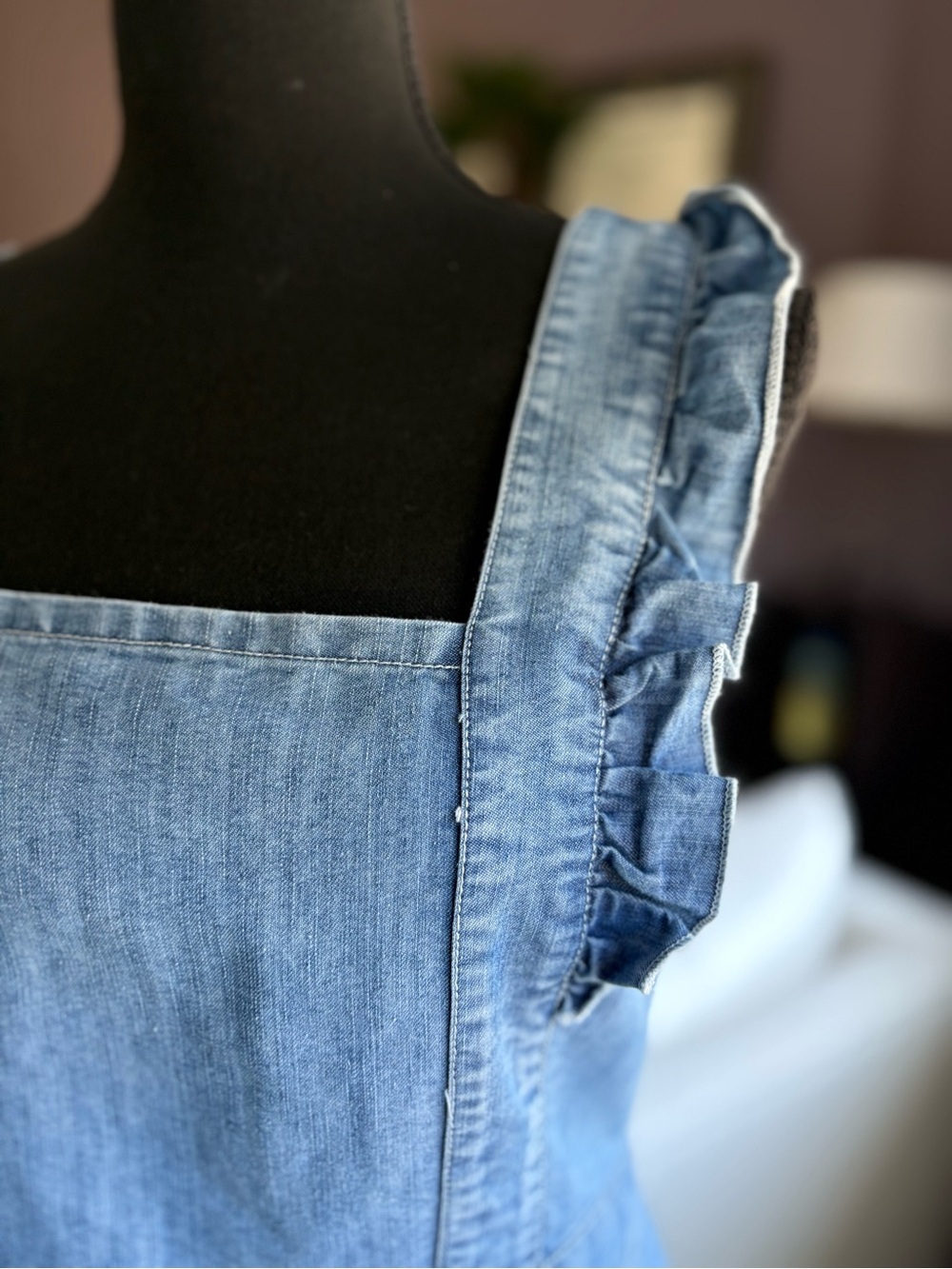 Japna Sleeveless Light Blue Denim Mini Dress Ruffle Straps Pockets Smocking - Picture 11 of 16